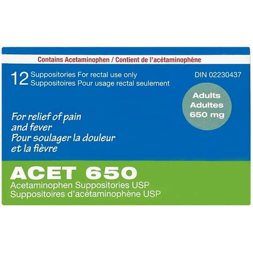 ACET 650 mg Acetaminophen Suppositories – 12 Count