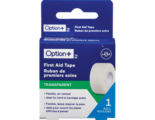 Option+ Transparent First Aid Tape, 2.5 cm x 9.1 m - 1 Roll current product packaging
