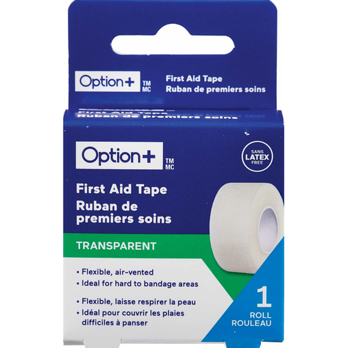 Option+ Transparent First Aid Tape, 2.5 cm x 9.1 m - 1 Roll current product packaging