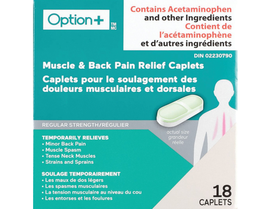 Option+ Regular Strength Muscle & Back Pain Relief - 18 Caplets product packaging