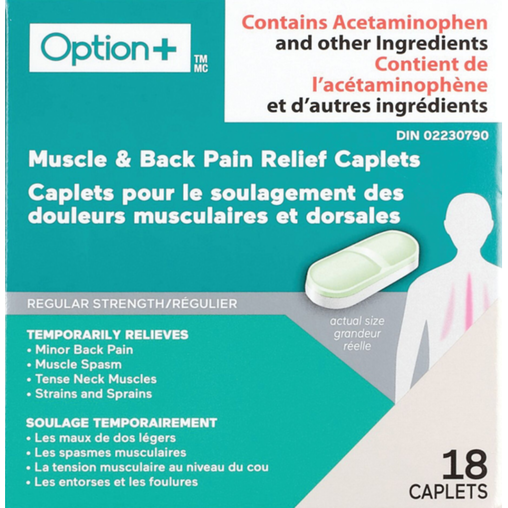 Option+ Regular Strength Muscle & Back Pain Relief - 18 Caplets product packaging