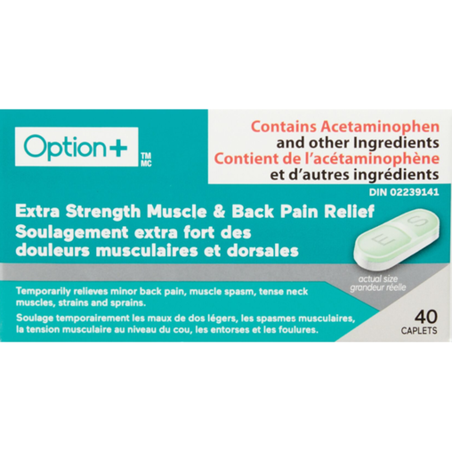 Option+ Extra Strength Muscle & Back Pain Relief - 40 Caplets product packaging