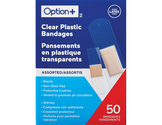 Option+ Clear Plastic Bandages, Assorted - 50 Bandages current product packaging
