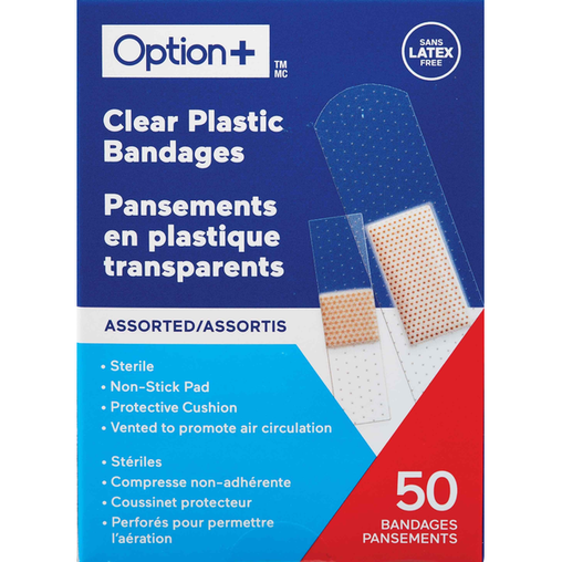 Option+ Clear Plastic Bandages, Assorted - 50 Bandages current product packaging