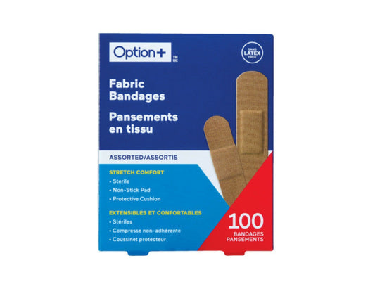 Option+ Fabric Bandages, Assorted Latex-Free - 100 Bandages current product packaging