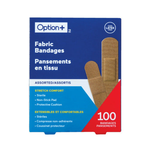Option+ Fabric Bandages, Assorted Latex-Free - 100 Bandages current product packaging
