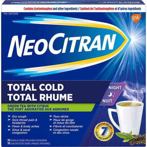 NeoCitran Total Cold Night Citrus Infusions with Green Tea Extract - 10 Single Dose Pouches