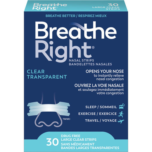 Breath Right Clear Transparent Nasal Strips, 30 ct